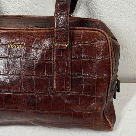 Fossil Croc Embossed Leather Satchel Brown Structured Shoulder Bag - Picture 6 of 16